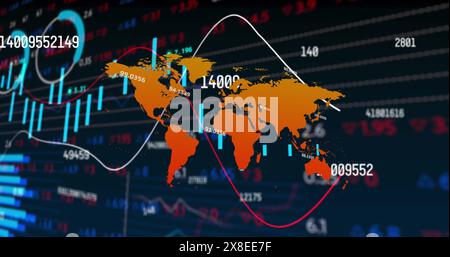 Image de graphiques, tableau de négociation et numéros croissants sur la carte sur fond noir Banque D'Images