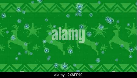 Image de flocons de neige sur des étoiles et des rennes conception et motif abstrait sur fond vert Banque D'Images