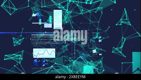 Image des réseaux plexus sur des écrans avec traitement des données sur fond bleu Banque D'Images