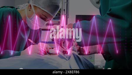 Image d'un moniteur de fréquence cardiaque sur une équipe de chirurgiens divers effectuant une opération à l'hôpital Banque D'Images