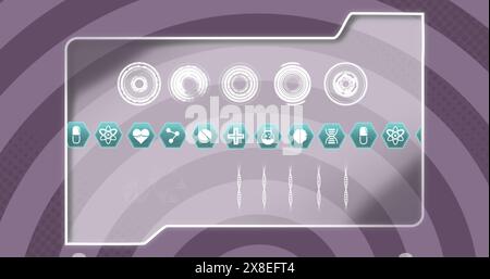 Illustration de plusieurs icônes médicales sur une icône de dossier sur un fond radial violet Banque D'Images
