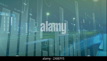 Image de plusieurs graphiques avec des nombres sur time-lapse de véhicules contre des bâtiments modernes Banque D'Images