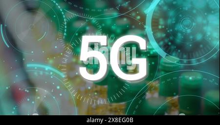 Image d'une bannière de texte de 5g sur plusieurs scanners ronds contre les taches de lumière bleues brillantes Banque D'Images