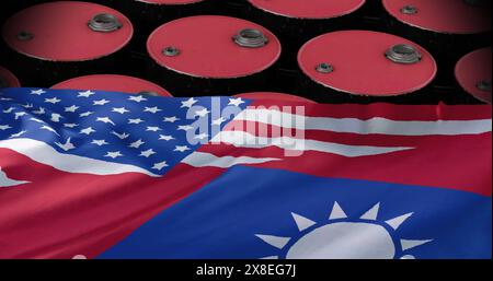 Image de barils de pétrole sur les drapeaux de taiwan et des états-unis Banque D'Images