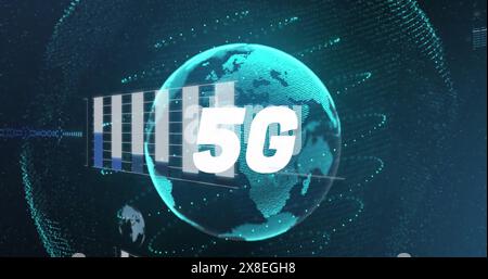 Image de traitement des données statistiques et bannière de texte 5g sur globe tournant sur fond bleu Banque D'Images
