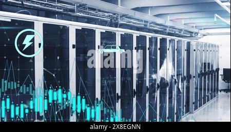 Illustration des graphiques, icônes et points connectés sur les racks de serveurs de données dans la salle des serveurs Banque D'Images