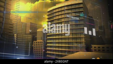 Image de graphiques, de textes et de langage informatique au-dessus de bâtiments modernes contre ciel nuageux Banque D'Images