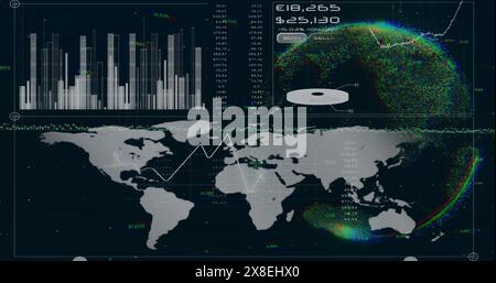 Image du globe sur les diagrammes et la carte du monde sur fond noir Banque D'Images