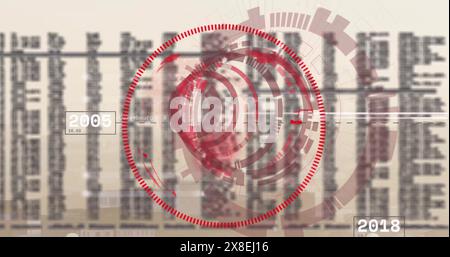 Image d'un scanner circulaire, d'un globe rouge et d'un traitement des données au-dessus d'un paysage urbain Banque D'Images