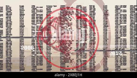 Image d'un scanner circulaire, d'un globe rouge et d'un traitement des données au-dessus d'un paysage urbain Banque D'Images