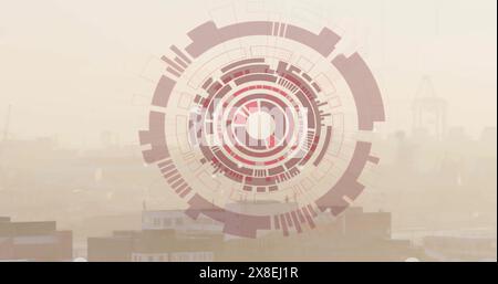 Image d'un scanner circulaire, d'un globe rouge et d'un traitement des données au-dessus d'un paysage urbain Banque D'Images