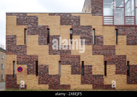 Un mur de briques moderne avec un motif géométrique complexe formé par une alternance de briques rouges et jaunes. Banque D'Images