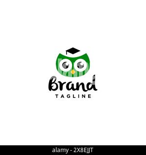 Logo vert chouette. Modèle de logo Cute Owl avec chapeaux de graduation. Illustration de Vecteur