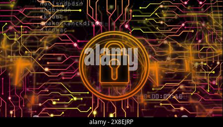 Image de cadenas en cercles et motif de carte de circuit imprimé sur fond noir Banque D'Images