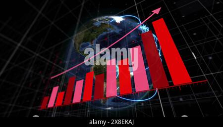 Image d'une flèche sur un graphique à barres croissant et d'un globe sur fond noir Banque D'Images