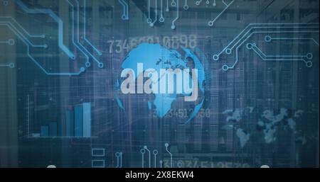 Image du globe, graphique, modèle de carte de circuit imprimé et les nombres changeants sur le système de serveur de données Banque D'Images
