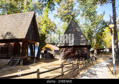 Vieilles maisons traditionnelles au Dimitrie Gusti Village Museum, un musée en plein air à Bucarest, Roumanie Banque D'Images