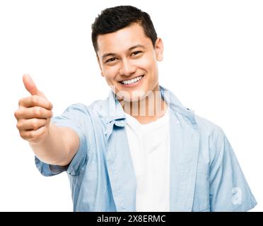 Homme, portrait et pouces vers le haut pour approbation en studio, vote et commentaires ou examen sur fond blanc. Personne masculine, merci geste et satisfaction Banque D'Images