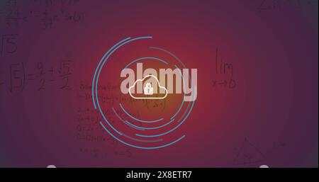 Image de l'icône de cadenas de sécurité et des équations mathématiques sur fond dégradé violet Banque D'Images