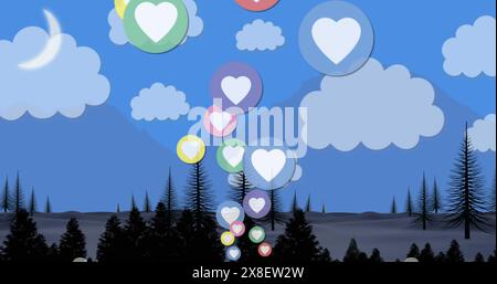 Ballons colorés en forme de cœur flottant au-dessus de la forêt la nuit Banque D'Images