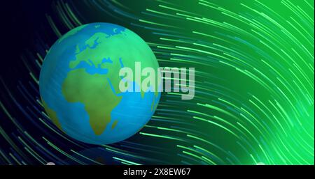 Globe bleu et vert flottant au milieu des lignes de néon tourbillonnantes Banque D'Images