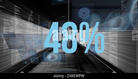 Image de nombres croissants de 0 à 59 et signe percentile sur radars, langage informatique Banque D'Images