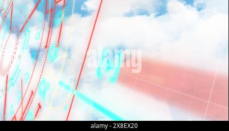 Image d'un scanner rond au néon tournant contre des nuages dans le ciel bleu Banque D'Images