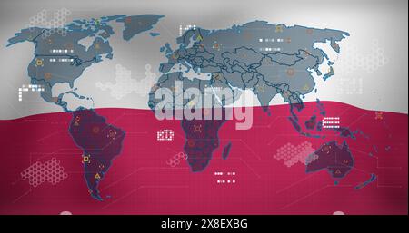 Image de la carte du monde sur fond de drapeau de pologne agitant Banque D'Images