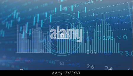 Image de cadenas dans le nuage sur plusieurs graphiques et tableau de trading sur fond bleu Banque D'Images