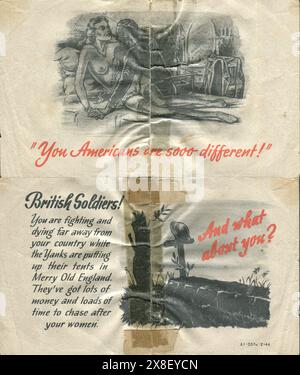 Brochure de propagande allemande WW2 Italie 1944. Cette brochure de propagande allemande a été lâchée sur les forces alliées en Italie et a été produite en mars 1944. Les deux côtés de la notice sont inclus dans cette image. Cet exemple était situé dans la propriété d'un soldat des Royal Signals rattaché à la 6e division blindée britannique. Banque D'Images
