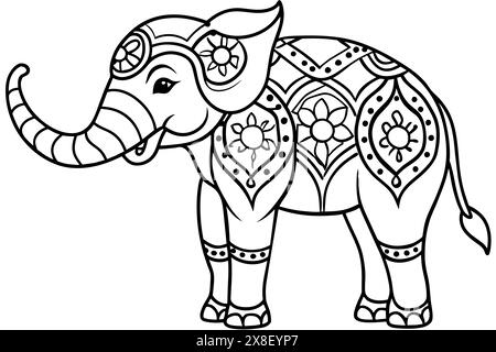 Motif thaï éléphant noir sur fond blanc Banque D'Images