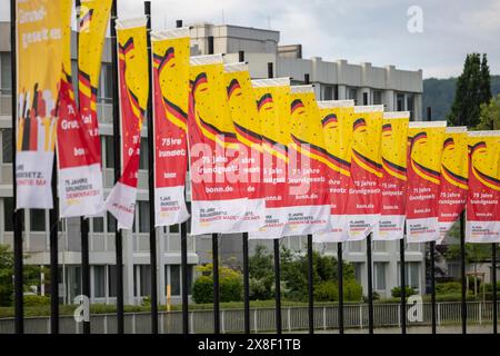 Bonn, Allemagne. 25 mai 2024. La jonction Bonn-Bad Godesberg sur l'autoroute 562 est maintenant appelée Platz des Grundgesetzes. Une particularité sont les 200 mâts de drapeau, qui sont actuellement des drapeaux sur le thème du 75e anniversaire de la Loi fondamentale. Crédit : Thomas Banneyer/dpa/Alamy Live News Banque D'Images