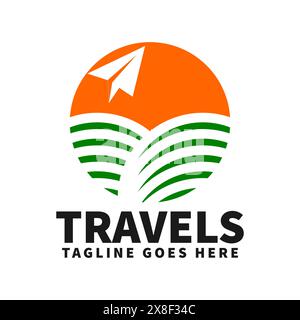 Modèle de logo de voyage avec l'icône d'avion de papier, la verdure et le soleil. Illustration de Vecteur