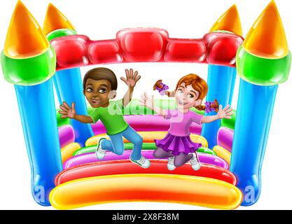 Bouncy House Castle Jumping Girl Boy enfants Cartoon Illustration de Vecteur