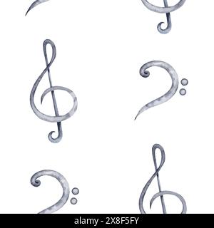 Motif sans couture aigu et symbole de clef de basse. Notes de musique classique et fond d'écran de musique en feuille. Illustration d'aquarelle dessinée à la main arrière-plan isolé Banque D'Images