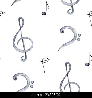 Motif sans couture aigu et symbole de clef de basse. Notes de musique classique et fond d'écran de musique en feuille. Illustration d'aquarelle dessinée à la main isolée Banque D'Images