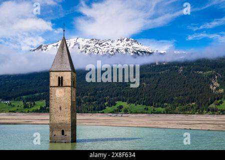 Clocher émergeant du lac Reschen (Lago di Resia), Graun im Vinschgau-Curon Venosta, Haut Adige-Tyrol du Sud, Italie Banque D'Images