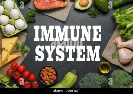 Système immunitaire boostant avec une nutrition appropriée. Différents aliments sur la table noire, plat Banque D'Images