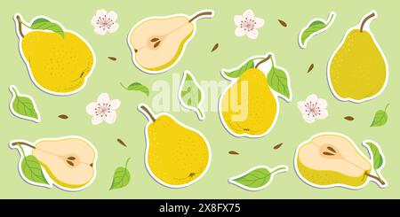 Ensemble d'autocollants de poire colorés dessinés à la main, fruits entiers et coupés, fleurs, feuilles. Stickers de style plat tendance pour étiquettes, affiches, web. Poires juteuses mûres. Nourriture biologique végétarienne. Illustration vectorielle Illustration de Vecteur