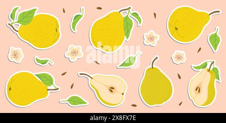 Ensemble d'autocollants de poire colorés dessinés à la main, fruits entiers et coupés, fleurs, feuilles. Stickers de style plat tendance pour étiquettes, affiches, web. Poires juteuses mûres. Nourriture biologique végétarienne. Illustration vectorielle Illustration de Vecteur
