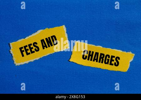 Frais et charges mots écrits sur des morceaux de papier jaune déchiré avec fond bleu. Symbole des frais et frais conceptuels. Copier l'espace. Banque D'Images