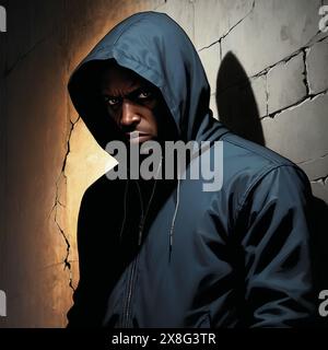 Cette image frappante représente un mystérieux personnage à capuche debout contre un mur de béton sombre et fissuré. Le regard intense de l'individu et l'expre sombre Banque D'Images