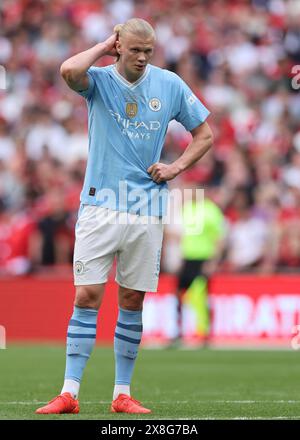 Londres, Royaume-Uni. 25 mai 2024. Erling Haaland de Manchester City semble perplexe lors du match de FA Cup au stade de Wembley, à Londres. Le crédit photo devrait se lire comme suit : David Klein/Sportimage crédit : Sportimage Ltd/Alamy Live News Banque D'Images