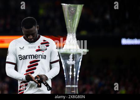 Dublin, Irlande. 22 mai 2024. Victor Boniface du Bayer 04 Leverkusen semble abattu lors de la cérémonie de remise des prix qui a suivi le match final de l'UEFA Europa League entre Atalanta BC et Bayer 04 Leverkusen. Crédit : Nicolò Campo/Alamy Live News Banque D'Images