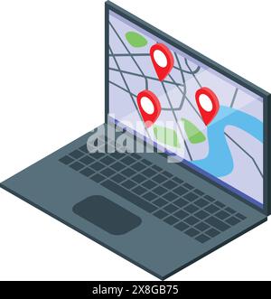 illustration 3d d'un ordinateur portable ouvert affichant une carte de navigation avec des broches de localisation rouges Illustration de Vecteur
