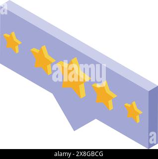 Vue isométrique d'un bloc violet avec cinq étoiles jaunes, indiquant un score d'avis client Illustration de Vecteur