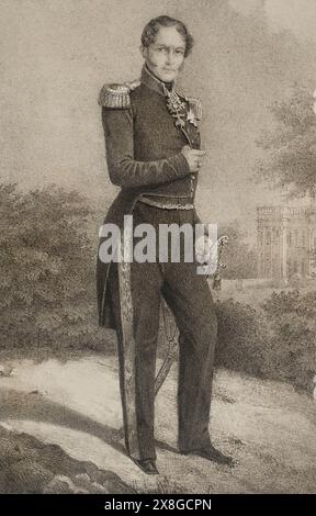 Léopold Ier de Belgique (1790-1865). Premier roi des Belges (1831-1865). Portrait. Dessin de C. Legrand. Lithographie de J. Donón. Reyes Contemporáneos (Rois contemporains). Volume III publié à Madrid, 1854. Auteur : Julio Donón. Artiste espagnol actif de 1840 à 1880. Luis Carlos Legrand (fl. 1829-1858) Dessinateur et lithographe espagnol. Banque D'Images