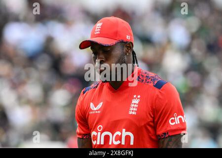 Birmingham, Royaume-Uni. 25 mai 2024. Jofra Archer d'Angleterre réagit lors du match de la série internationale Vitality T20 Angleterre vs Pakistan à Edgbaston, Birmingham, Royaume-Uni, le 25 mai 2024 (photo de Craig Thomas/News images) à Birmingham, Royaume-Uni le 25/05/2024. (Photo de Craig Thomas/News images/SIPA USA) crédit : SIPA USA/Alamy Live News Banque D'Images