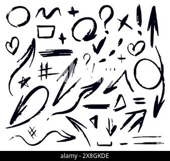 Groupe de flèches et cadres définis. Peint à la craie sur un fond blanc. Dessin de marqueur vectoriel de doodle. Graphiques vectoriels de direction de ligne, eleme de décor Illustration de Vecteur