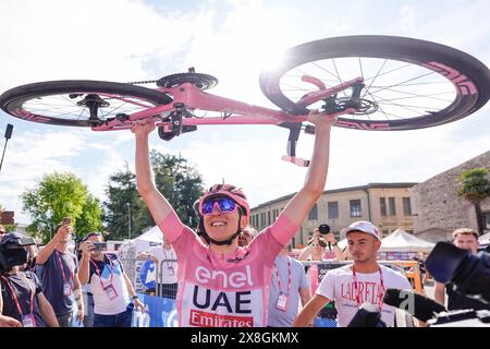 Bassano Del Grappa, Italie. 25 mai 2024. Pogacar Tadej (Team UAE Emirates) maillot rose, vainqueur à la fin de l'étape 20 du Giro d'Italia d'Alpago à Bassano del Grappa, 25 mai 2024 Italie. (Photo de Fabio Ferrari/LaPresse) crédit : LaPresse/Alamy Live News Banque D'Images